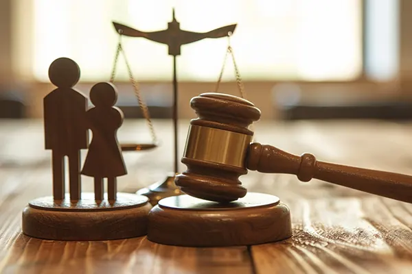 paper cutout of a boy and girls next to a gavel and in front of a scales of justice.