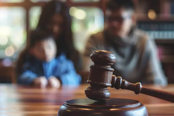two parent and a child with a gavel on a desk in the forefront